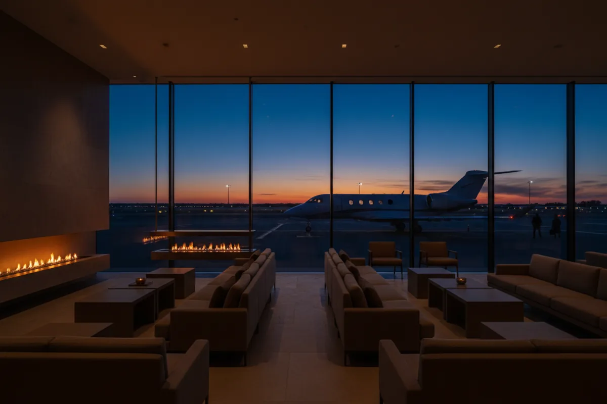 A modern private airport lounge at dusk, with a view of a jet on the tarmac through a large window.
