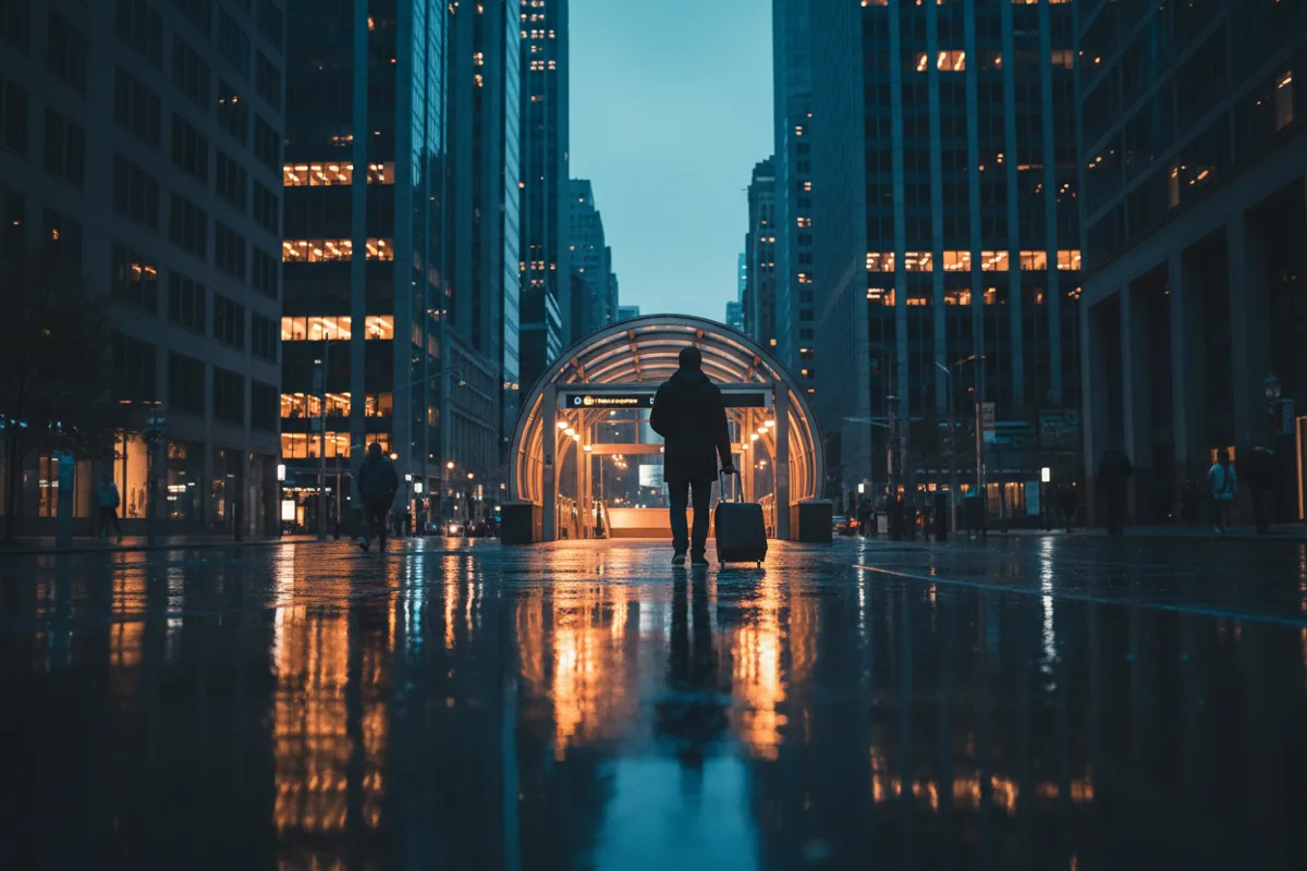 A person with a suitcase walks toward a city subway station entrance at dusk.