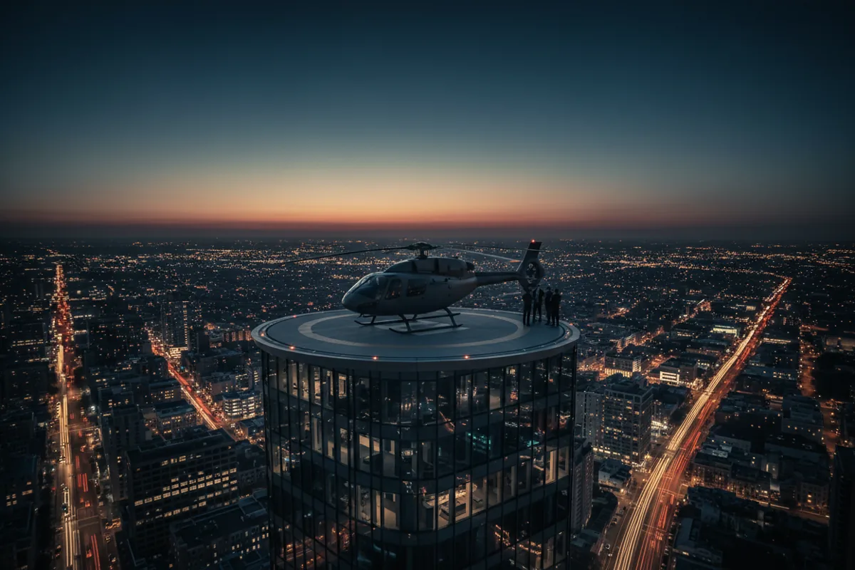 A helicopter on a rooftop helipad at dusk, overlooking the lights of a city.