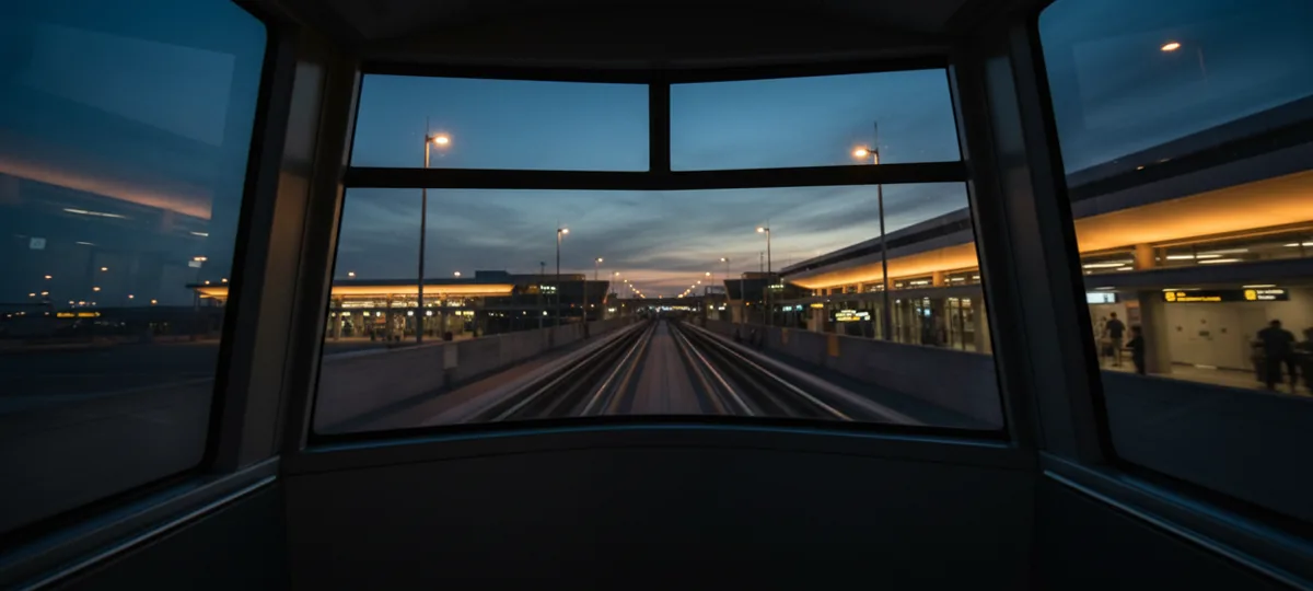 View of a modern airport terminal at twilight from inside a moving elevated train.