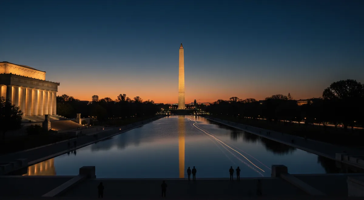 The Washington Monument illuminated at dusk, seen across the Lincoln Memorial Reflecting Pool.
