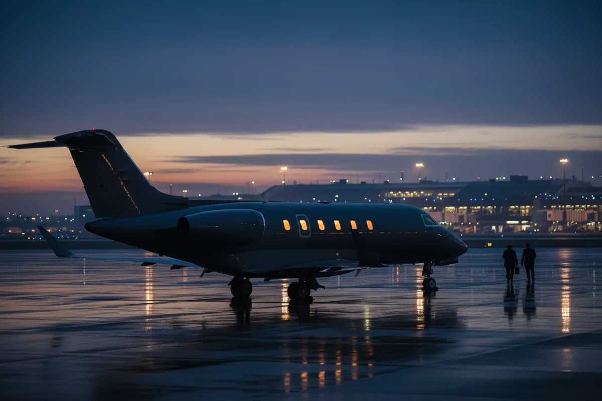 A private jet on an airport tarmac at dusk, with the lights of the terminal in the background.