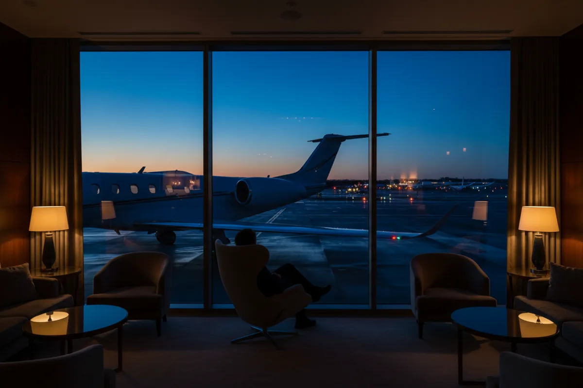 A person relaxes in a modern airport lounge, looking out at a private jet on the tarmac at dusk.