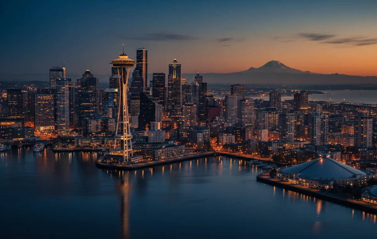 Aerial view of Seattle and the Space Needle at blue hour with Mount Rainier on the horizon.