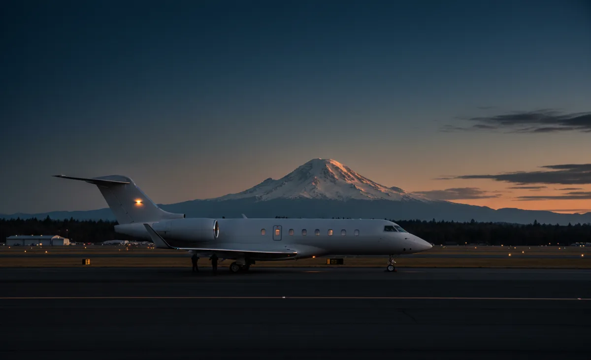 Aerial view of Washington's San Juan Islands and Puget Sound from a private jet window.