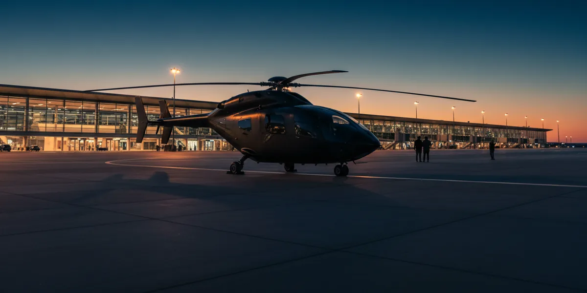 A helicopter on an airport tarmac at dusk, with a modern, lit terminal in the background.