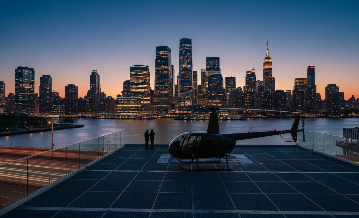 A helicopter on a waterfront heliport with the glowing Manhattan skyline, including Hudson Yards, at dusk.