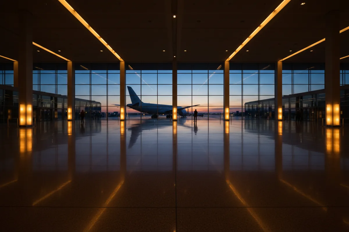 A modern, empty airport terminal lounge at night looking out onto an airplane on the tarmac.