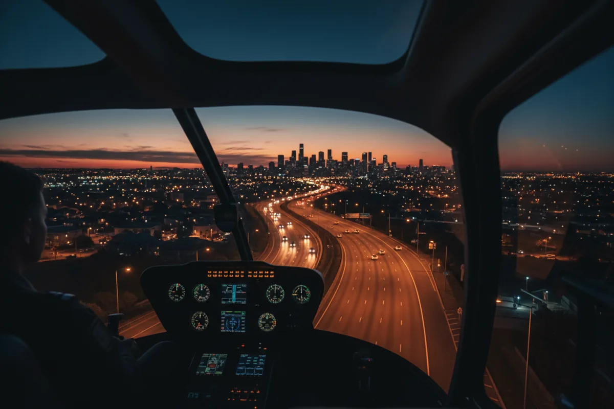 View from a helicopter cockpit at blue hour, flying over a highway toward a city skyline.