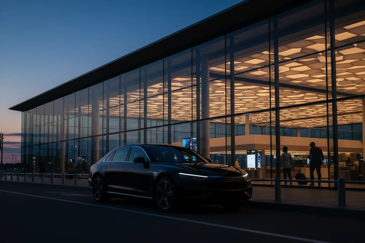 A black luxury sedan waits outside a modern airport terminal at dusk.