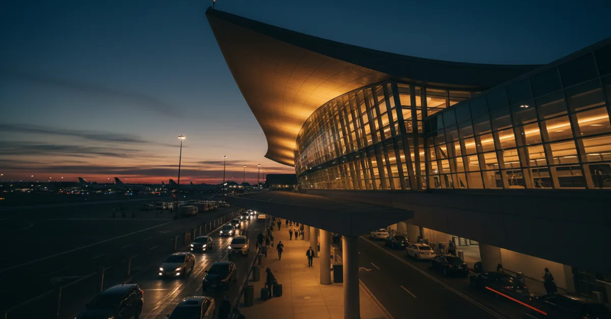 The illuminated exterior of JFK Airport's Terminal 4, home to WestJet, glows against a deep blue dusk sky.