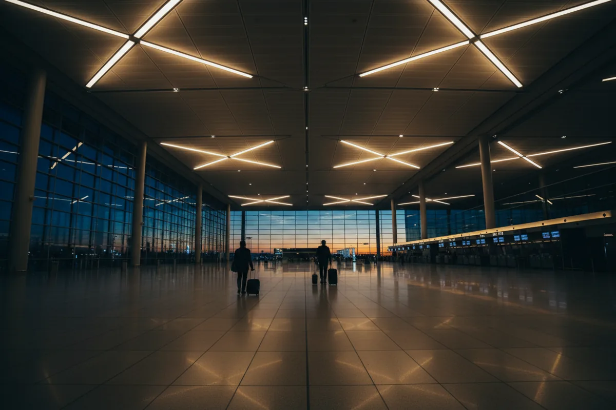 A spacious, modern airport check-in hall with a high ceiling and a few travelers in the distance.
