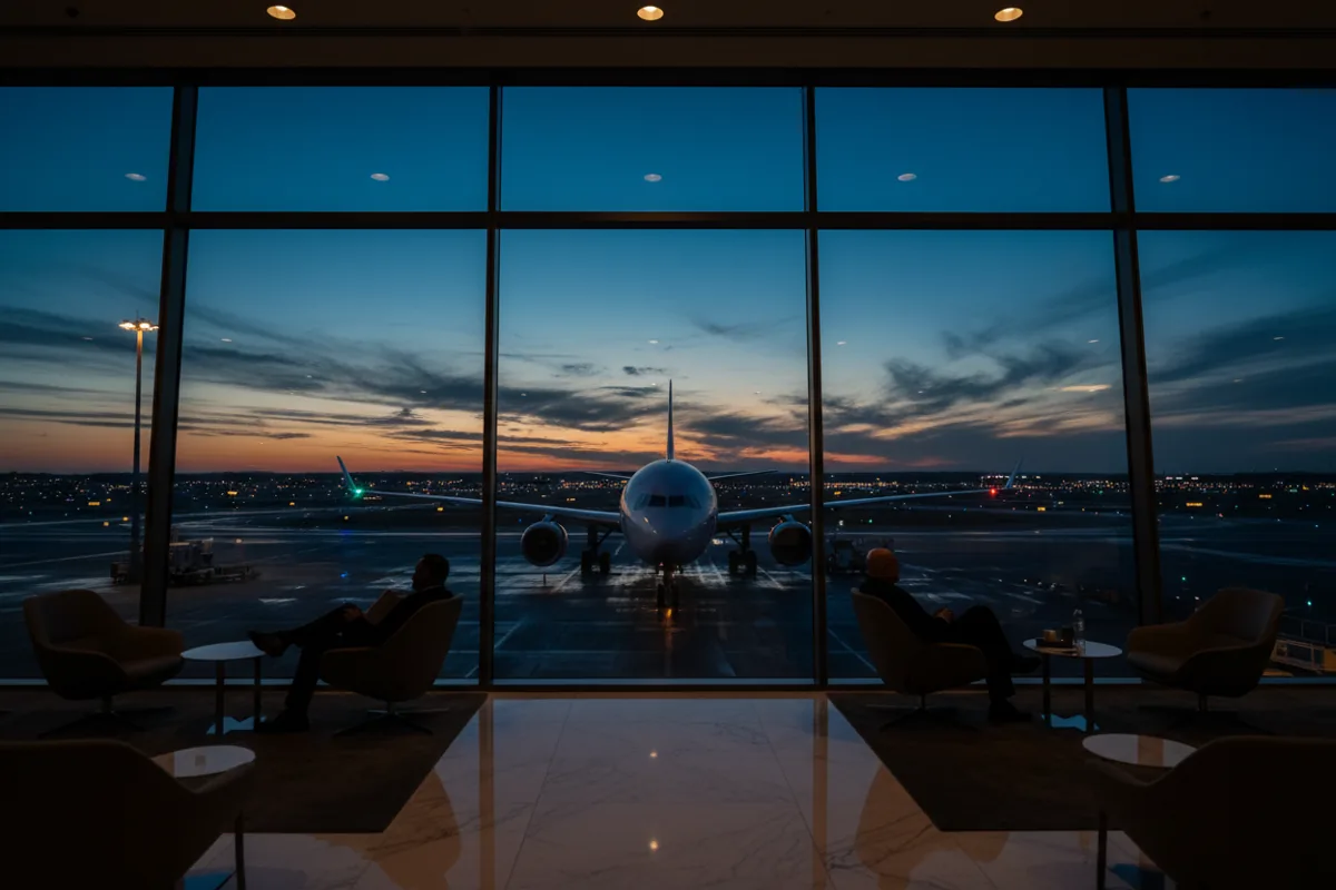 A passenger jet seen through a large window from an airport departure lounge at dusk.