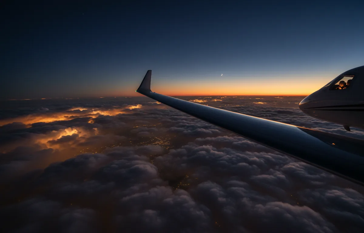 View from a private jet wing flying above a thick layer of clouds at sunset.