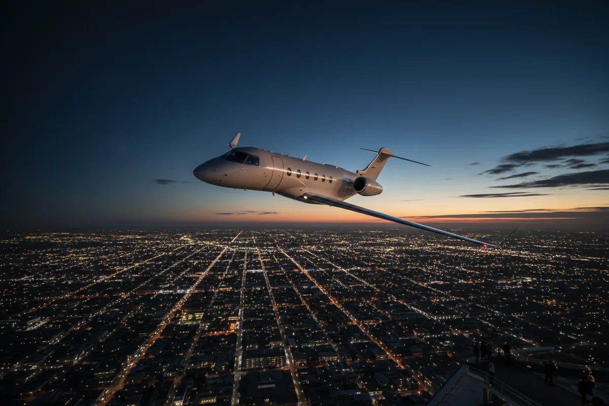 A private jet flies over a glittering city skyline at dusk.