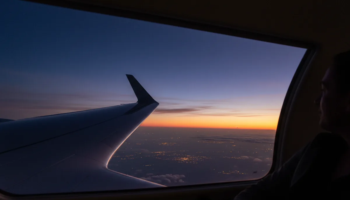 View of a jet wing and the serene twilight sky from a high altitude passenger window.