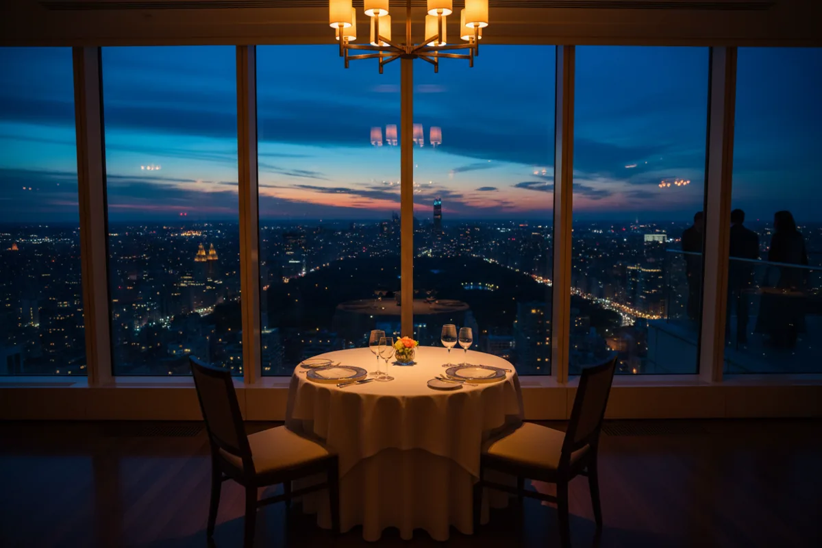 An elegant restaurant table set for dinner overlooking the glowing Manhattan skyline at dusk.