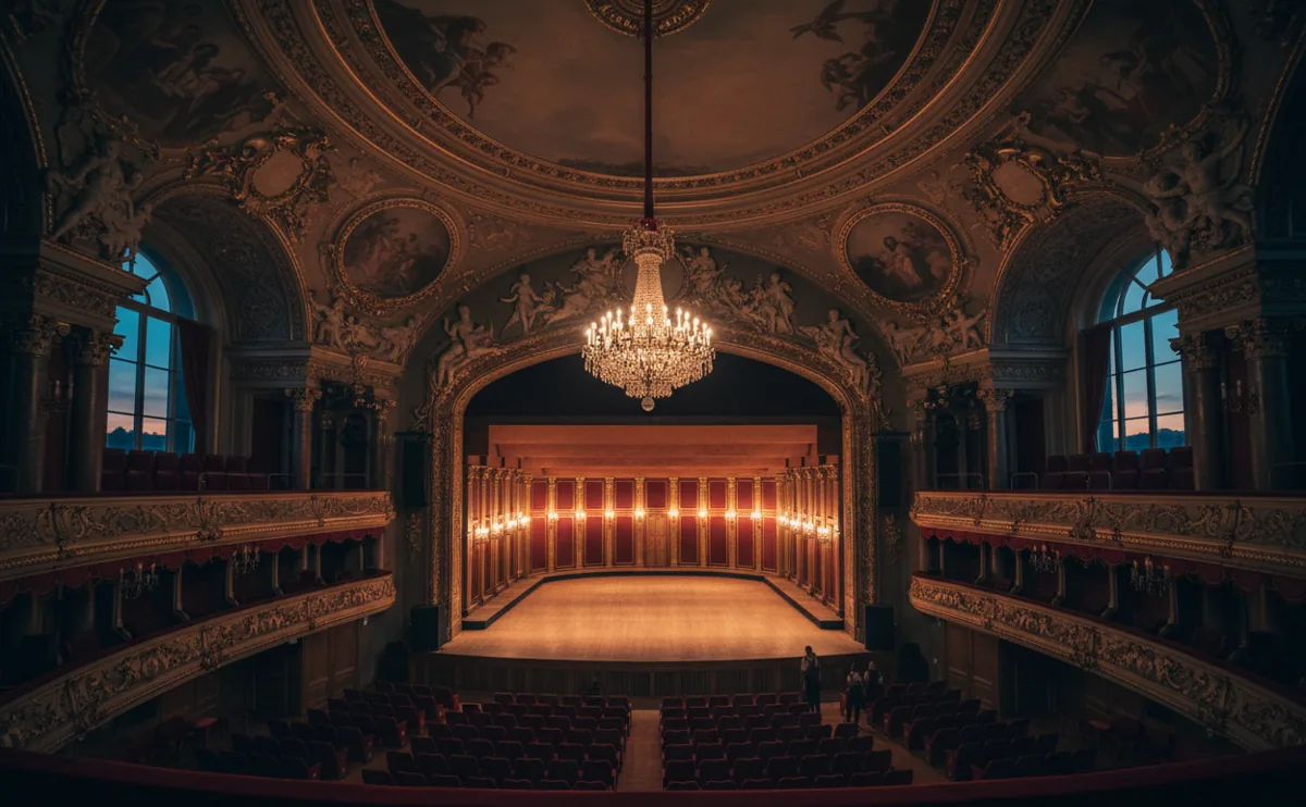 View from the balcony of an empty, ornate concert hall with a warmly illuminated stage.