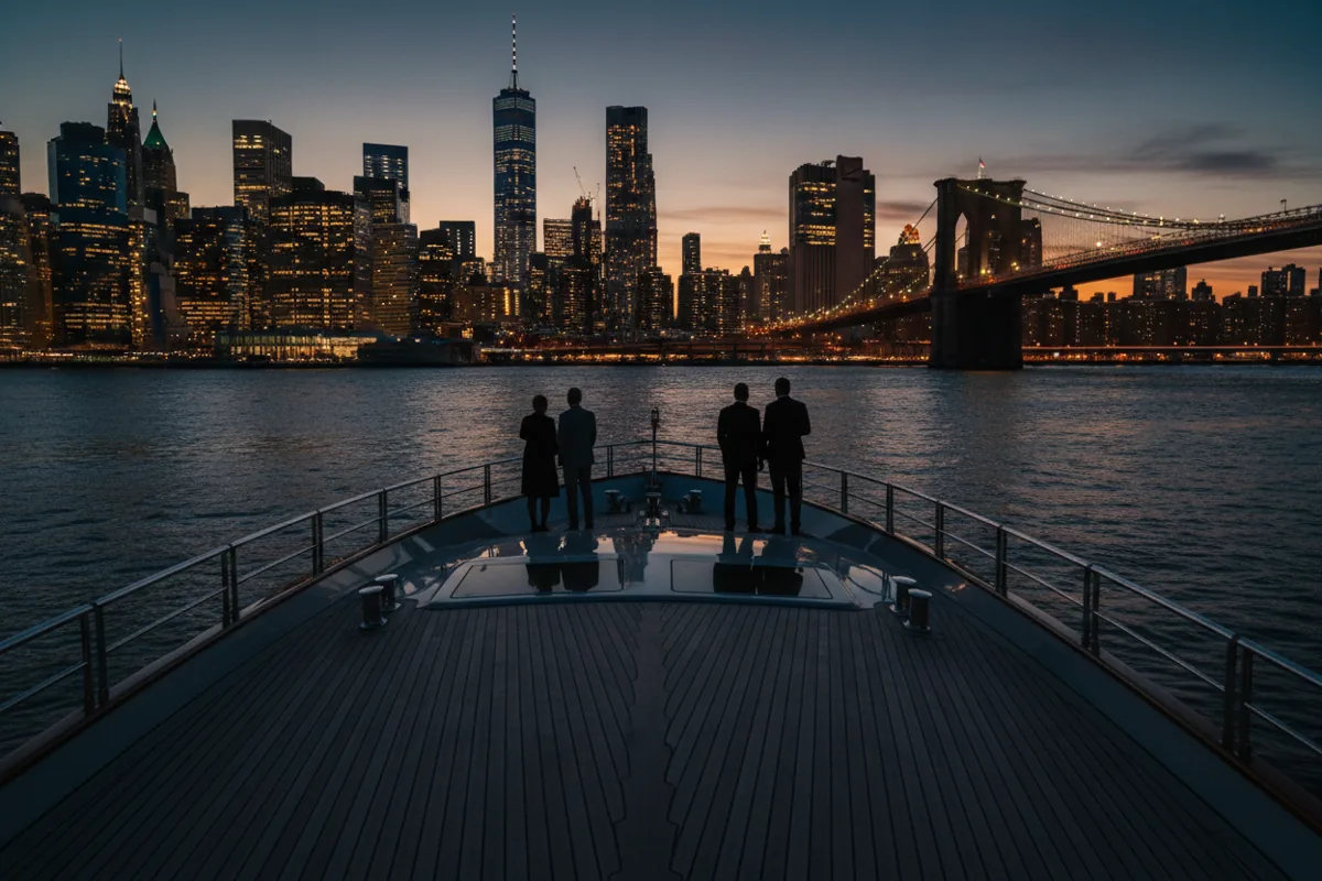 The illuminated Lower Manhattan skyline and Brooklyn Bridge viewed from a boat on the river at dusk.