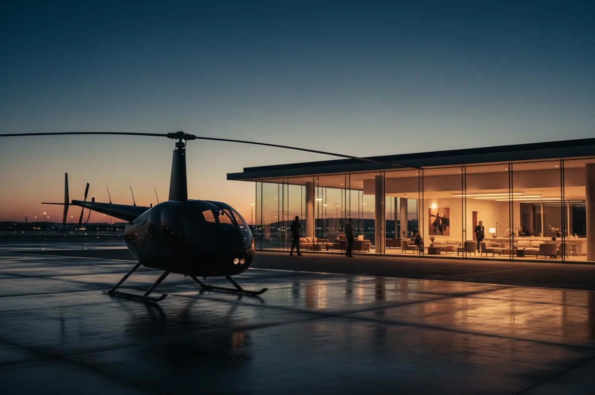 A private helicopter on an airport tarmac at dusk, with a modern, warmly lit terminal in the background.
