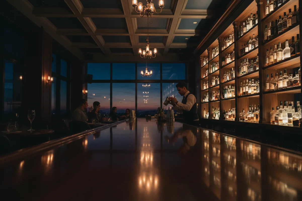 A dimly lit, upscale speakeasy bar with a bartender preparing a drink under warm amber lighting.