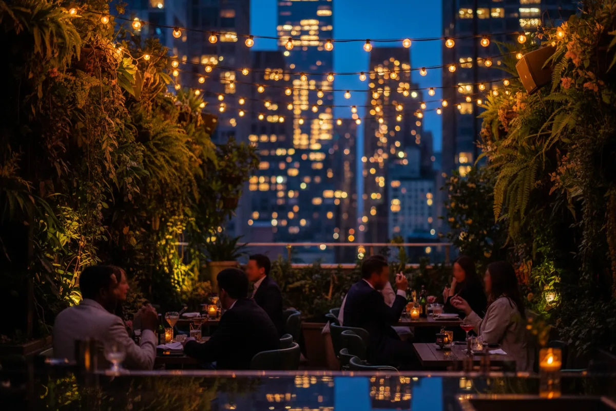 A lush rooftop garden bar with glowing string lights overlooking a blurred city skyline at twilight.