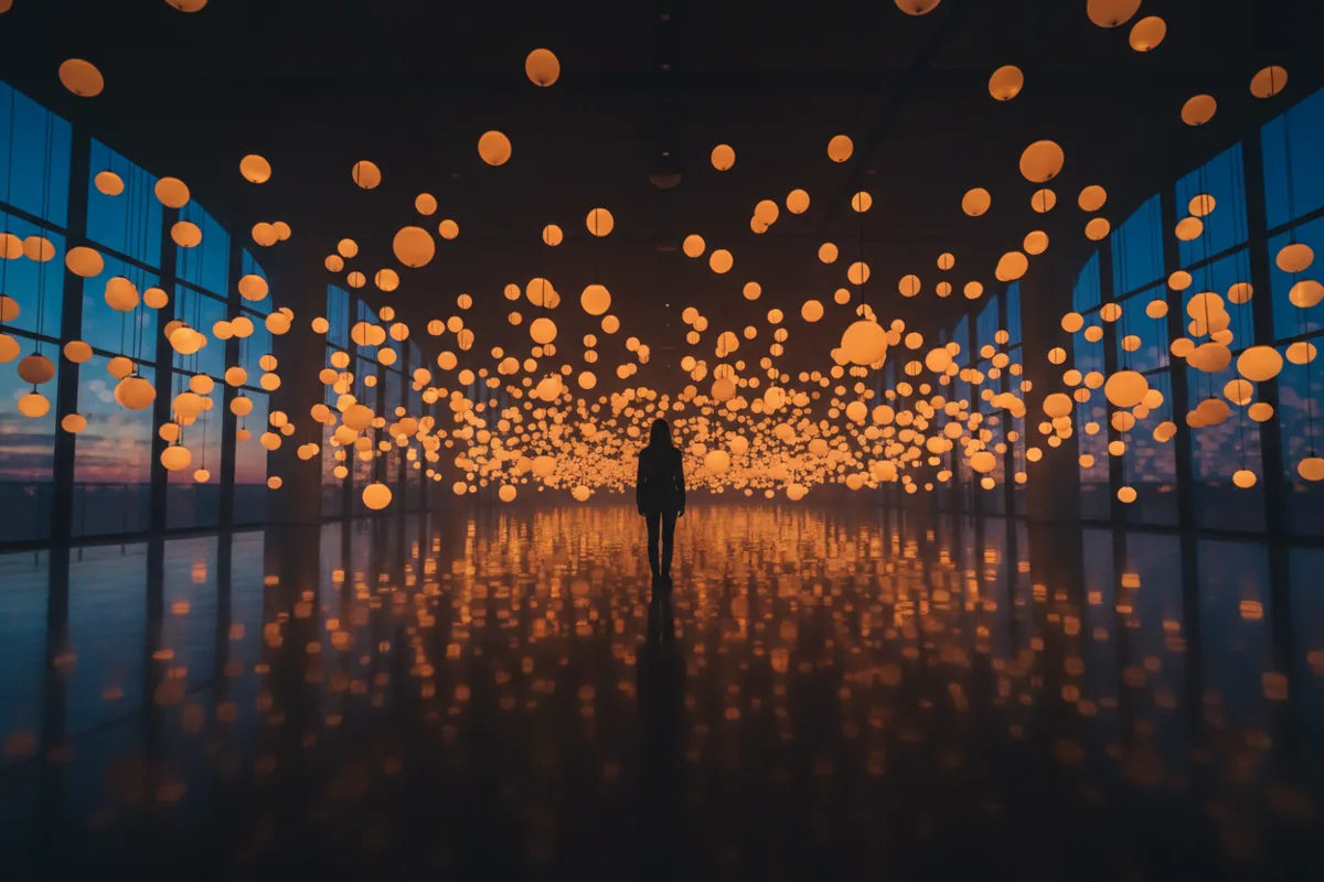 A person's silhouette in a dark room filled with countless hanging spheres of warm, glowing light.