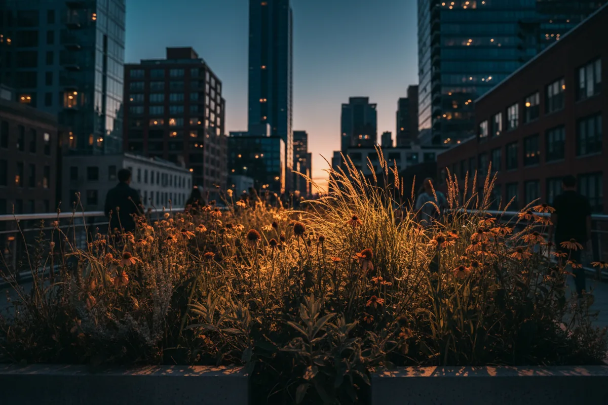 Sunlit wild grasses and flowers on the High Line, with the blurred architecture of New York City in the background.