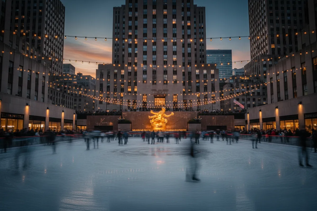The ice rink at Rockefeller Center at dusk, with blurred skaters and the warmly lit Prometheus statue.