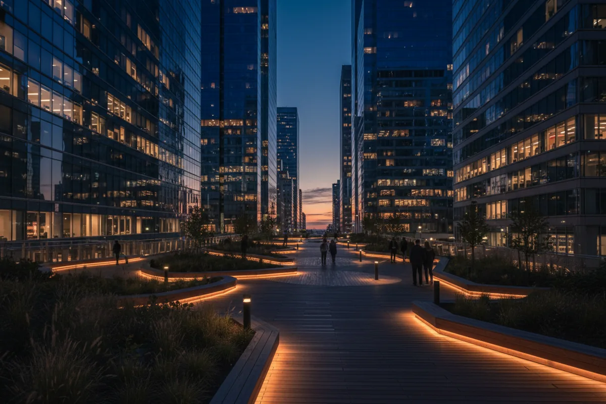 A tranquil, elevated city park at dusk, with warm lights illuminating a path between modern skyscrapers.