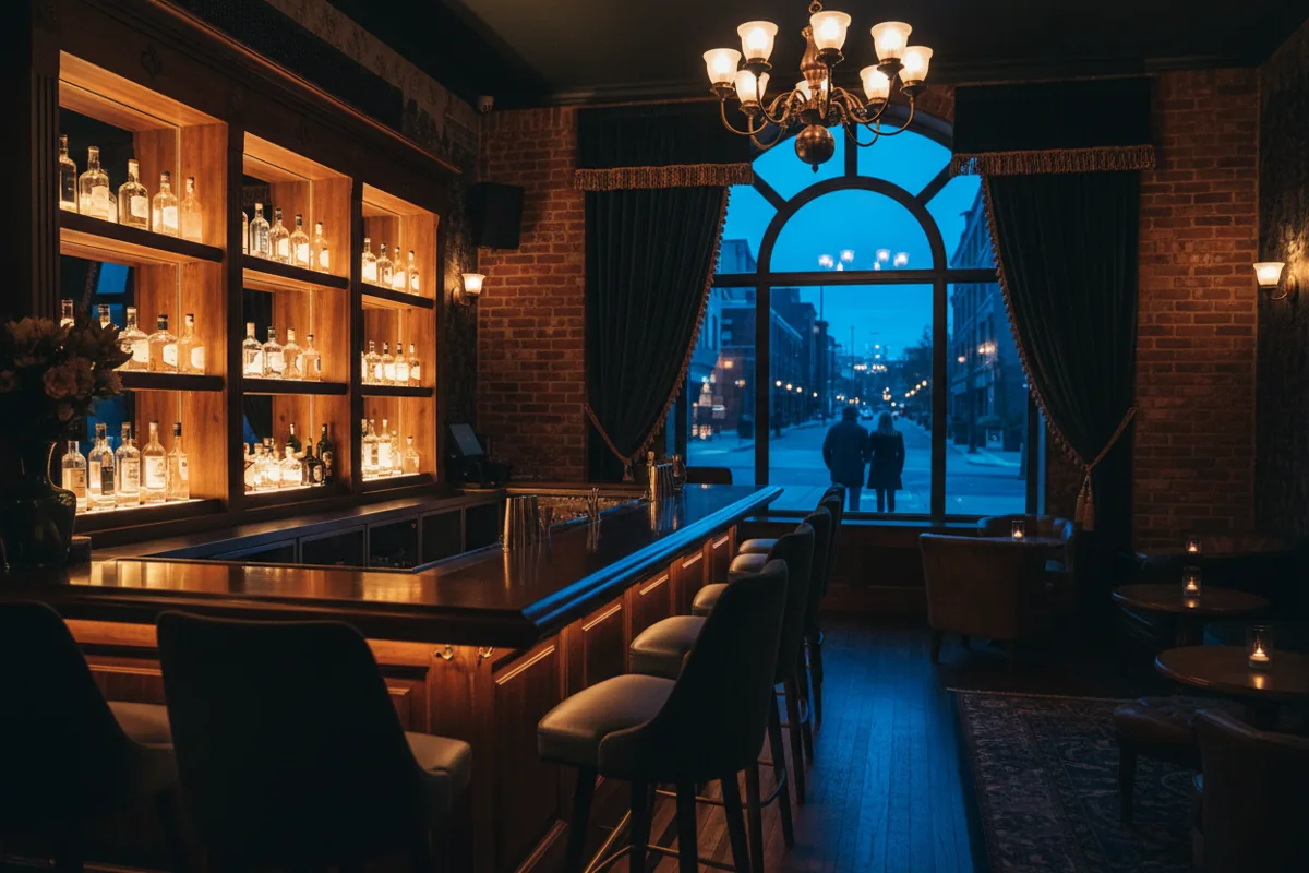 An empty, elegant cocktail bar with warm ambient lighting and a view of the city at twilight through a large window.