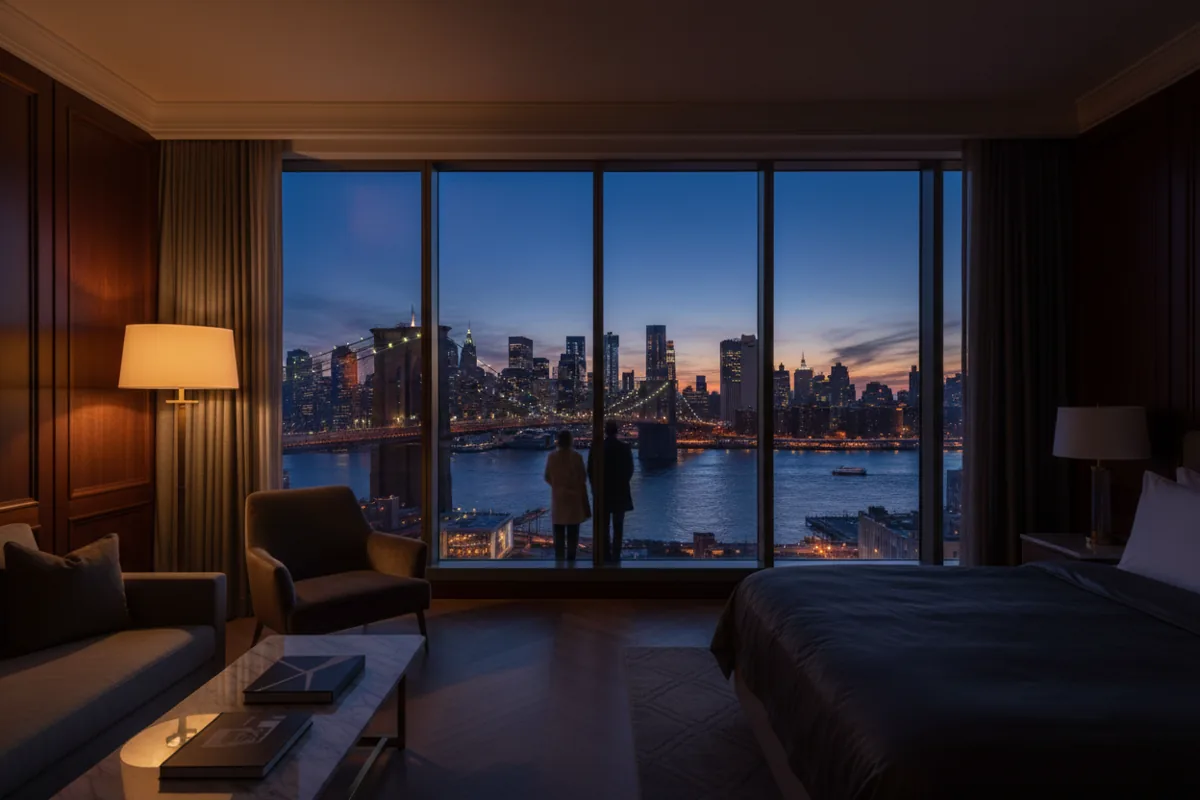 The illuminated Brooklyn Bridge at dusk, viewed from a dark, high-rise room with a single warm lamp glowing inside.