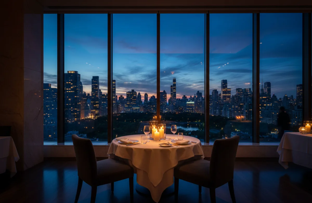 An elegantly set dining table in a luxury restaurant overlooking a city skyline at night.