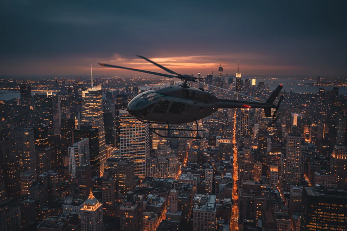 A helicopter flying over the glowing lights of Midtown Manhattan at dusk.