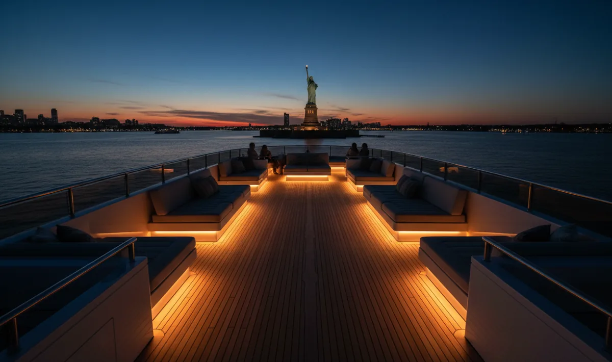 A luxury yacht on the Hudson River at dusk, with the Statue of Liberty in the background.