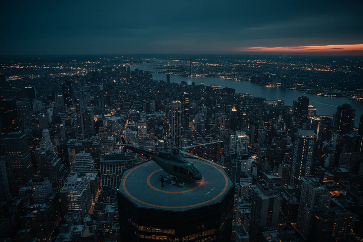 A helicopter on a skyscraper helipad at twilight, overlooking the glowing lights of the New York City skyline.