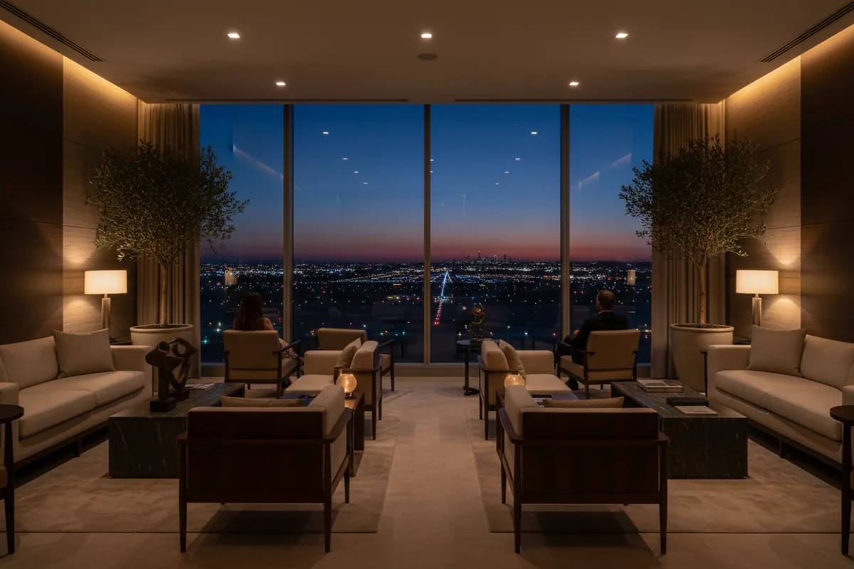 The interior of a modern, luxurious airport lounge at night, with a view of the airfield through a large window.