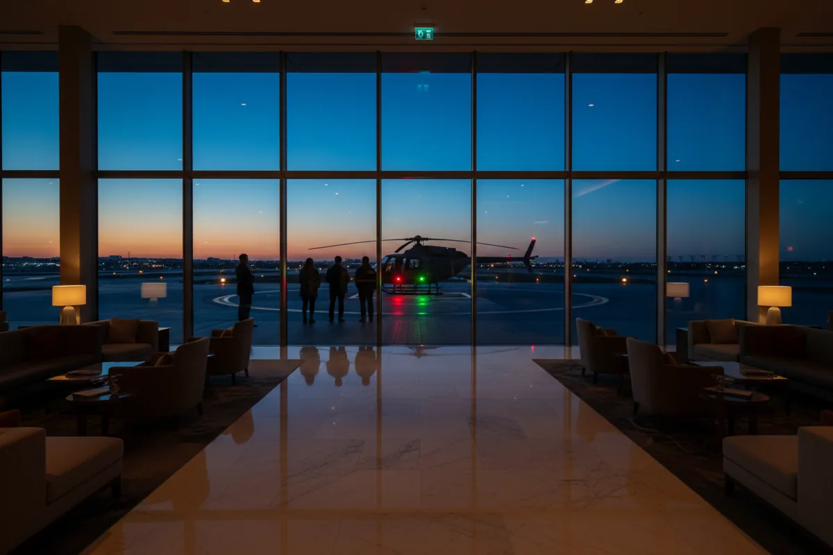 A modern passenger lounge overlooking a helicopter on a helipad at dusk.