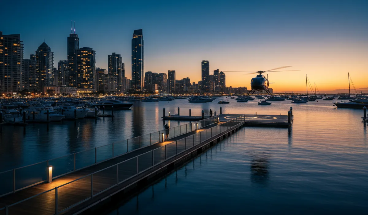 A helicopter prepares to land on a waterfront helipad in a coastal city at dusk.