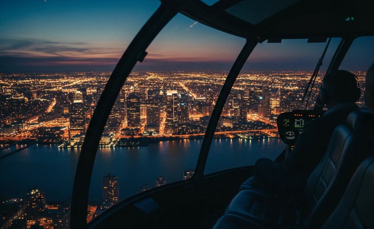 The view of a sparkling city skyline from inside a helicopter at night.