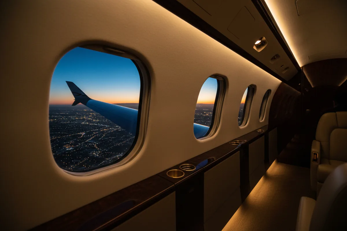 View from a private jet window at night, showing the wing and city lights far below.