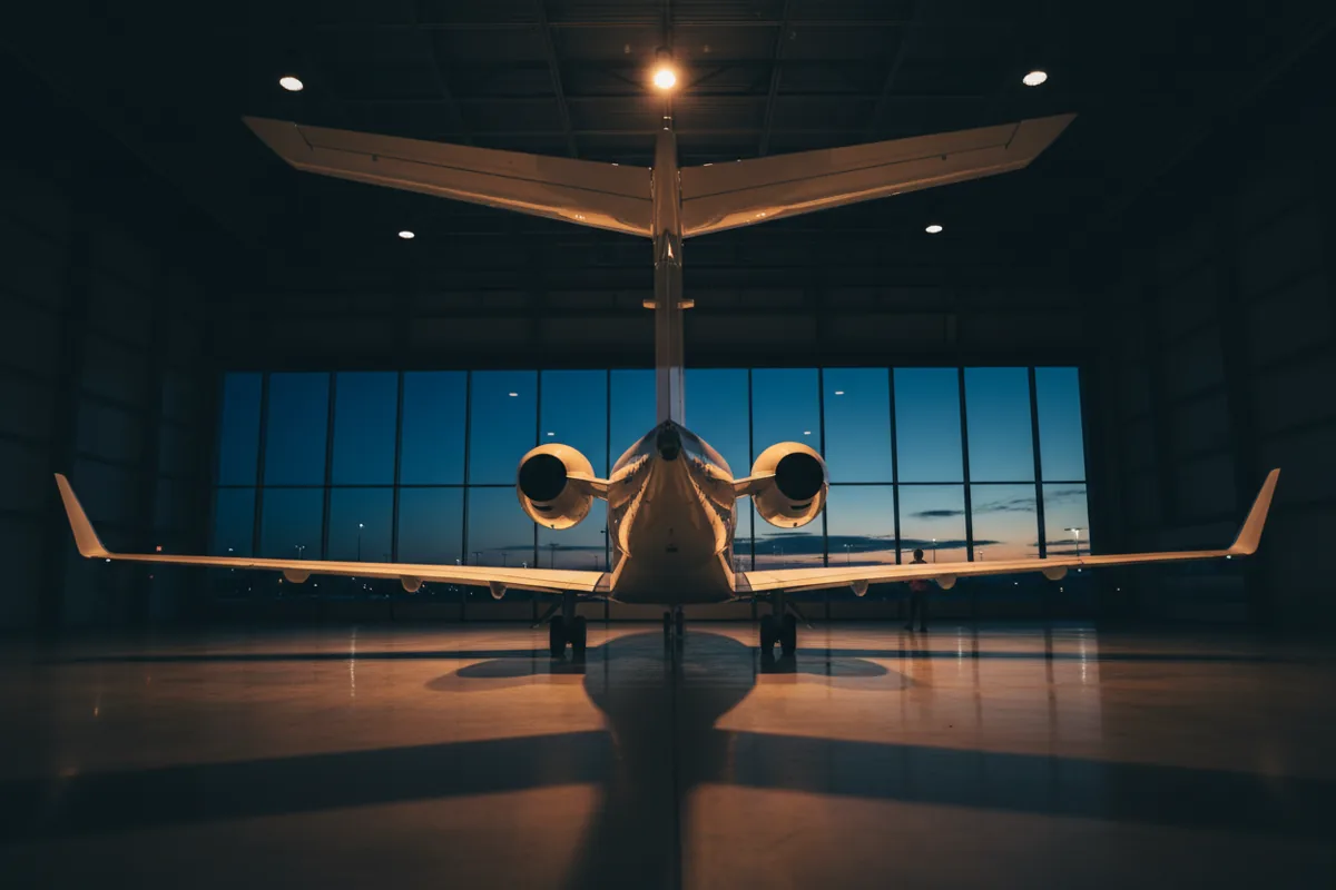 A private jet parked inside a modern, dimly lit aircraft hangar.