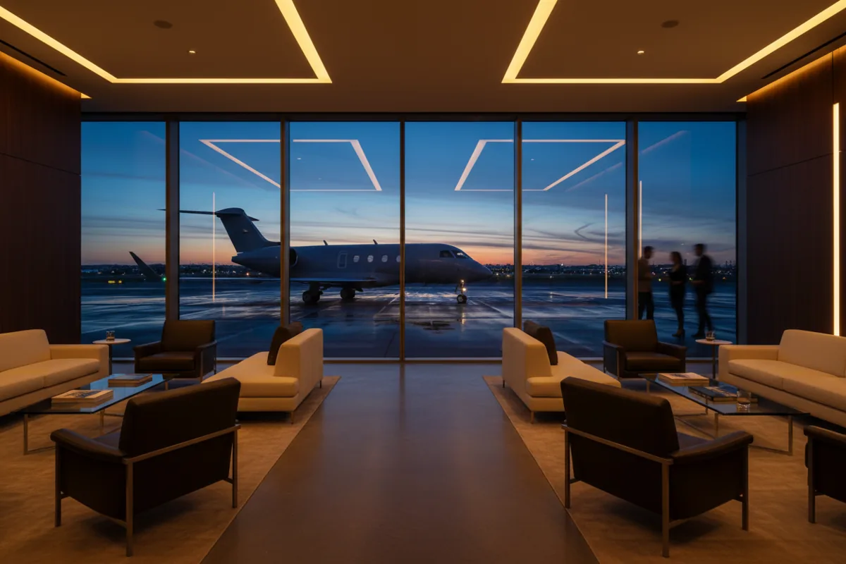 A private jet seen through the window of a luxury airport lounge at dusk.