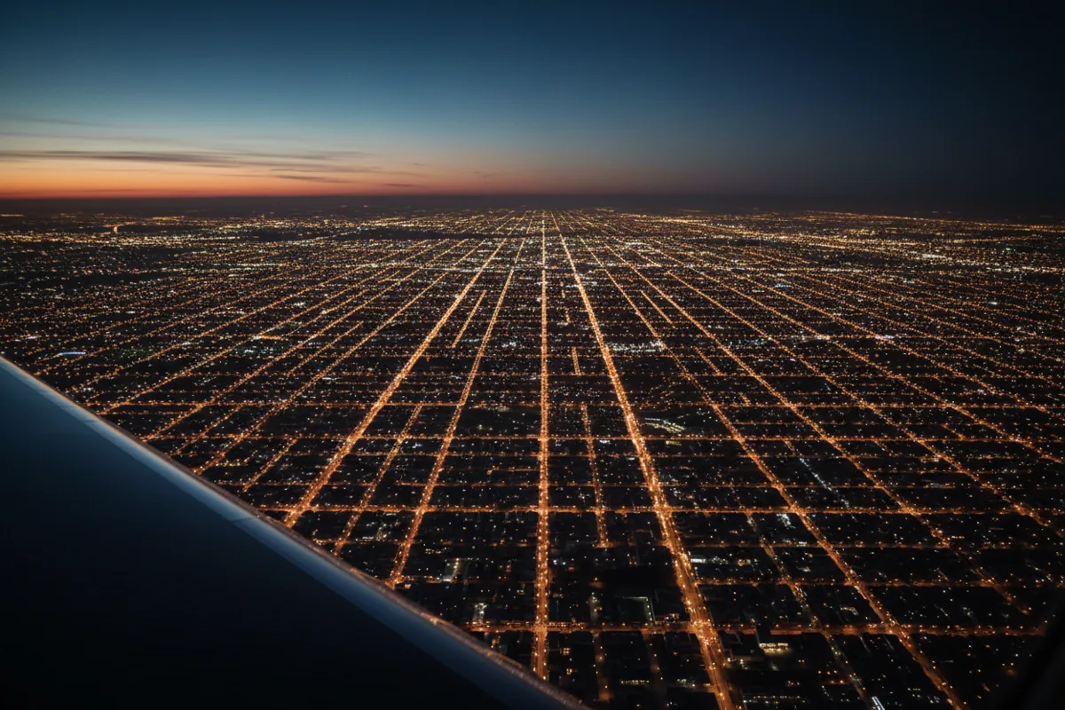 An aerial view of a sprawling city's lights at night from an airplane window.