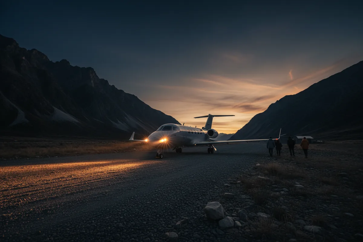 A light jet with landing lights on, sits on a gravel airstrip in a mountain valley at twilight.