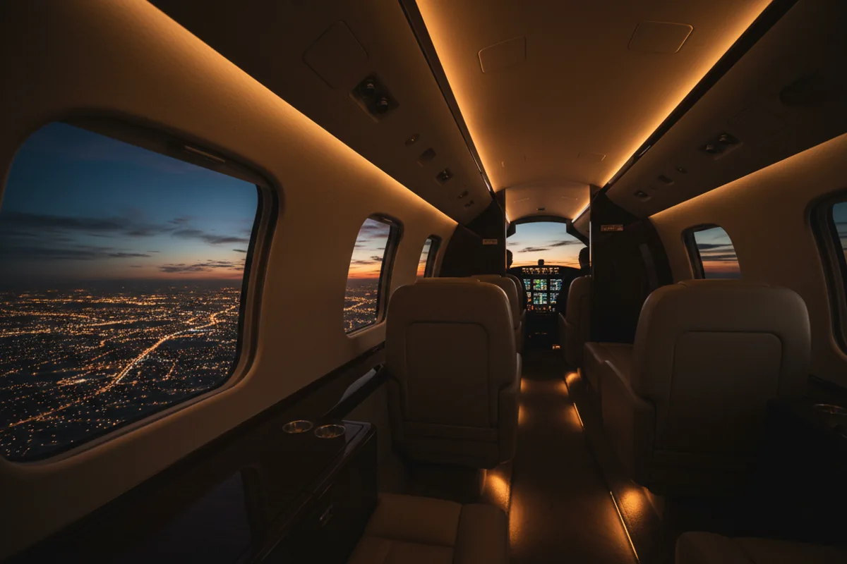 The interior of a luxurious private jet cabin at night, with a city's lights visible through the window far below.