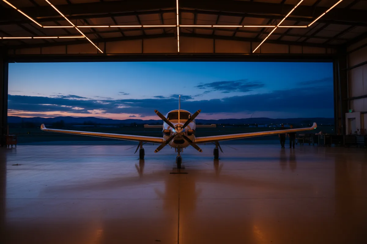 A turboprop aircraft inside a modern, well-lit hangar at dusk.