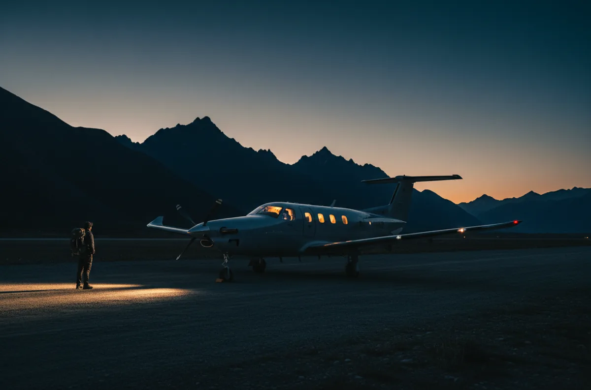 A turboprop airplane parked on a remote airstrip in the mountains at twilight.
