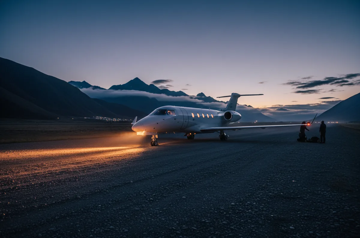 A private jet on a remote gravel runway in the mountains at twilight.