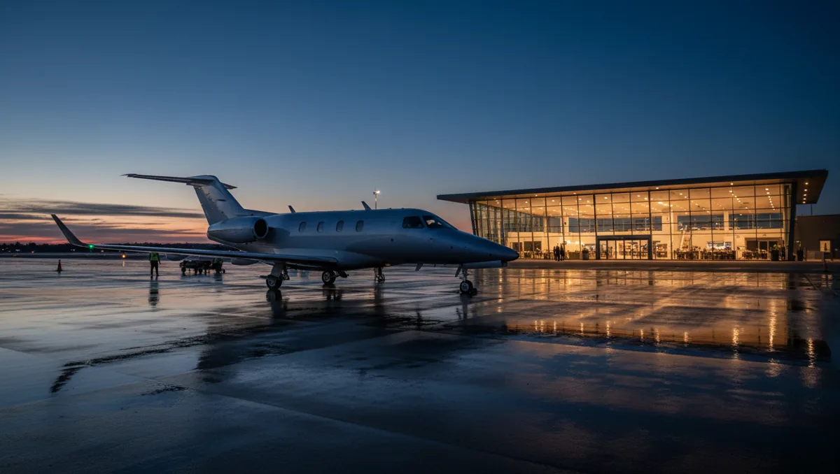 A private jet parked outside a modern glass terminal at dusk.